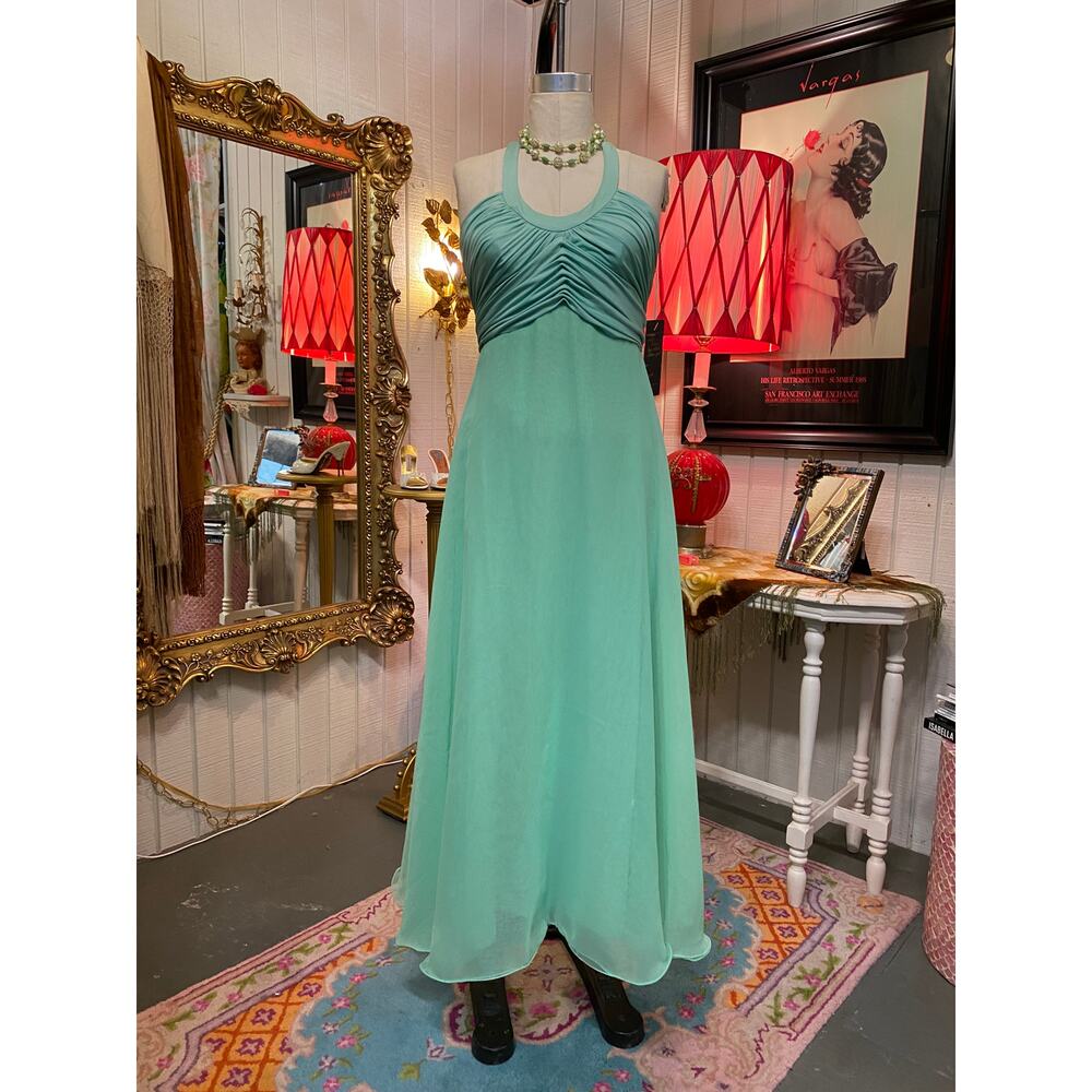 vintage 1970s aqua chiffon halter dress 70s ruched maxi lillie rubin formal s 27